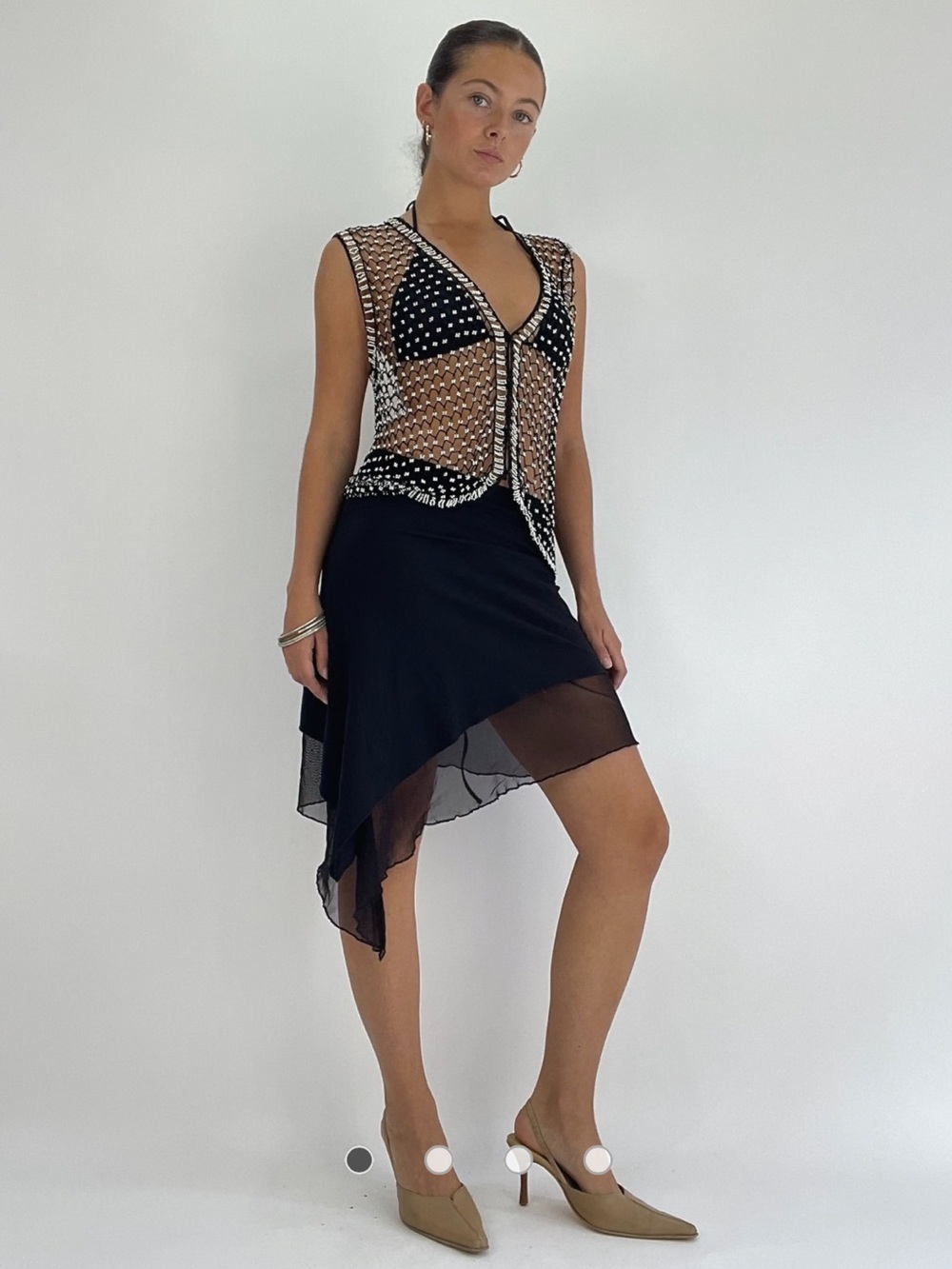 Handmade Open Knit Fishnet Crochet Vintage Beaded Button-Up Vest Black/Sliver OS